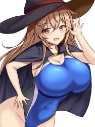 Rule 34 | 1girl, black cape, black one-piece swimsuit, blue one-piece swimsuit, blush, breasts, brown eyes, cape, cleavage, competition swimsuit, covered navel, cowboy shot, dated, hair between eyes, hair flaps, hair ornament, hairclip, halloween, halloween costume, hat, heterochromia, highleg, highleg swimsuit, highres, impossible clothes, impossible swimsuit, kantai collection, large breasts, light brown hair, long hair, looking at viewer, montemasa, multicolored clothes, multicolored swimsuit, murasame (kancolle), murasame kai ni (kancolle), one-hour drawing challenge, one-piece swimsuit, red eyes, ribbon, simple background, smile, solo, swimsuit, twitter username, two-tone swimsuit, two side up, white background, witch hat