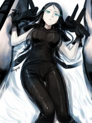 Rule 34 | 1girl, abyssal ship, black gloves, black hair, black pants, black shirt, blue eyes, breasts, feet out of frame, gloves, glowing, glowing eyes, impossible clothes, kantai collection, long hair, looking at viewer, lying, medium breasts, on back, on bed, pale skin, pants, parted lips, rigging, ru-class battleship, shirt, skin tight, sleeveless, sleeveless shirt, solo, terrajin, turret, twitter username