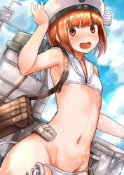 Rule 34 | 10s, 1girl, :&lt;, absurdres, abyssal ship, antennae, arm up, armpits, bag, bare shoulders, beret, bikini, blunt bangs, blush, bow, breasts, buckle, character name, clothes writing, embarrassed, enemy naval mine (kancolle), groin, hand on headwear, hat, hat bow, hat ornament, highres, holding, holding clothes, holding hat, kantai collection, looking at viewer, machinery, md5 mismatch, navel, okitsugu, open mouth, over shoulder, red eyes, red hair, sailor bikini, sailor collar, short hair, side-tie bikini bottom, small breasts, smiley face, solo, splashing, stomach, striped, striped bow, sweatdrop, swimsuit, untied bikini, wardrobe malfunction, water, water drop, white bikini, white hat, z3 max schultz (kancolle)