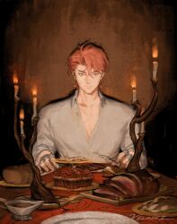 Rule 34 | 1boy, artist name, bread, candle, collarbone, commentary, countdown to countdown, cupcake, english commentary, food, fork, hair between eyes, highres, holding, holding fork, lillium white, male focus, nervous, orange hair, plate, shirt, simple background, solo, steak, sweatdrop, table, velinxi, white shirt