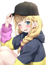 Rule 34 | 1girl, ;d, absurdres, arm up, black hat, black jacket, blonde hair, blue eyes, blush, braid, feet out of frame, hair over shoulder, hand on headwear, hat, highres, hood, hood down, hooded jacket, jacket, knees up, long hair, looking at viewer, nedia (nedia region), one eye closed, open mouth, paripi koumei, simple background, single braid, smile, solo, teeth, tsukimi eiko, upper teeth only, white background