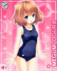 Rule 34 | 1girl, :o, blonde hair, blue eyes, breasts, card (medium), character name, competition swimsuit, girlfriend (kari), official art, ogura megumi, one-piece swimsuit, open mouth, pink background, qp:flapper, small breasts, swimsuit, tagme