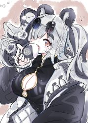 Rule 34 | 1girl, absurdres, animal ears, arknights, baozi, bear ears, black coat, black dress, black hair, blush, breasts, china dress, chinese clothes, cleavage, cleavage cutout, clothing cutout, coat, dress, eating, eyewear on head, fang, feater (arknights), food, hair over one eye, highres, holding, holding food, kurarome, large breasts, long hair, multicolored hair, open clothes, open coat, open mouth, red eyes, round eyewear, silver hair, skin fang, solo, sparkling eyes, steam, sunglasses, thick eyebrows, two-tone hair, upper body