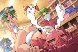 Rule 34 | 4girls, = =, blue eyes, blue hair, blush, breasts, breasts apart, cleavage, covering privates, downblouse, dutch angle, female focus, ghost, giving up the ghost, green hair, hair bobbles, hair ornament, hat, kawashiro nitori, kazami yuuka, key, kurogarasu, large breasts, medium breasts, multiple girls, naked towel, nude, nude cover, onozuka komachi, plaid, plaid skirt, plaid vest, red eyes, red hair, shiki eiki, short hair, skirt, skirt set, sparkle, touhou, towel, twintails, two side up, undressing, vest