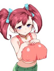 Rule 34 | 1girl, bakusou kyoudai let&#039;s &amp; go!!, bakusou kyoudai let&#039;s &amp; go!! max, bare shoulders, blush, breasts, huge breasts, long hair, looking at viewer, midriff, navel, oogami marina, oppai loli, purple eyes, red hair, shorts, simple background, solo, twintails, underboob, white background, zootan