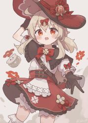 Rule 34 | blonde hair, bow, brown gloves, colon br, cowboy shot, genshin impact, gloves, hair bow, hat, highres, jumpy dumpty, klee (genshin impact), red bow, red eyes, red headwear, skirt, witch hat