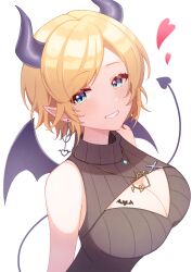 Rule 34 | 1girl, absurdres, bat tattoo, black sweater, blonde hair, blue eyes, breast tattoo, breasts, cleavage, cleavage cutout, clothing cutout, demon girl, demon horns, demon tail, gold necklace, heart, heart necklace, highres, hololive, horns, jewelry, large breasts, necklace, official alternate costume, pixie cut, pointy ears, short hair, sleeveless, sleeveless turtleneck, solo, sweater, tail, tattoo, tsumurimai, turtleneck, turtleneck sweater, virtual youtuber, white background, yuzuki choco, yuzuki choco (streetwear)