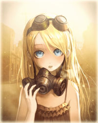 Rule 34 | 1girl, blonde hair, blue eyes, gas mask, goggles, highres, long hair, mask, open mouth, original, solo, ume (illegal bible)