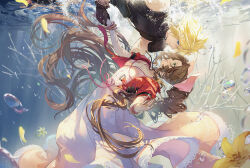 Rule 34 | 1boy, 1girl, aerith gainsborough, air bubble, arm around back, armor, bangle, belt, blonde hair, blue eyes, bracelet, braid, braided ponytail, breasts, brown hair, bubble, buttons, cat princess, choker, cleavage, cloud strife, couple, cropped jacket, dress, falling petals, feet out of frame, final fantasy, final fantasy vii, final fantasy vii remake, flower, flower choker, green eyes, hair between eyes, hair ribbon, hetero, holding hands, jacket, jewelry, lily (flower), long dress, long hair, looking at another, medium breasts, parted bangs, parted lips, petals, pink dress, pink ribbon, red jacket, ribbon, ring, short hair, short sleeves, shoulder armor, sidelocks, single bare shoulder, single braid, sleeveless, sleeveless turtleneck, smile, spiked hair, square enix, suspenders, turtleneck, underwater, very long hair, yellow flower