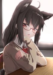 Rule 34 | 1girl, absurdres, ahoge, alternate costume, animal ears, backlighting, black hair, borumete, bow, bowtie, cardigan, classroom, collared shirt, commentary, crossed arms, desk, eyelashes, fang, fox ears, highres, hololive, indoors, kurokami fubuki, long hair, looking at viewer, open mouth, red-framed eyewear, red bow, red bowtie, red eyes, school desk, semi-rimless eyewear, shirt, sitting, solo, sunlight, virtual youtuber, white shirt, window, wing collar