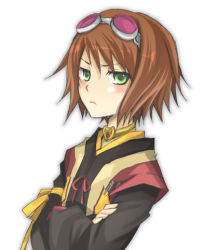 Rule 34 | 00s, 1girl, blush, brown hair, crossed arms, frown, goggles, goggles on head, green eyes, kawamura raichi, lowres, rita mordio, short hair, solo, tales of (series), tales of vesperia, upper body, white background