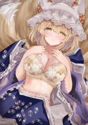 Rule 34 | 1girl, animal ears, blonde hair, blush, bra, breasts, cleavage, closed mouth, collarbone, dress, fox ears, fox tail, hat, highres, large breasts, looking at viewer, mob cap, multiple tails, sarasadou dan, short hair, solo, tail, touhou, underwear, white dress, white headwear, wide sleeves, yakumo ran, yellow bra, yellow eyes