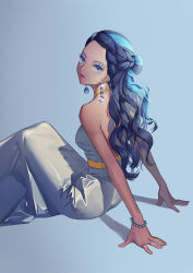 Rule 34 | 1girl, arm support, arms behind back, backless dress, backless outfit, bad id, bad pixiv id, bare shoulders, bead bracelet, beads, black hair, blue background, blue eyes, blue hair, bracelet, braid, breasts, creatures (company), dark-skinned female, dark skin, dress, earrings, eyelashes, from behind, from side, game freak, gem, glint, hair bun, half updo, halter dress, halterneck, highres, jewelry, knees up, kyoungi nyang, long hair, looking at viewer, looking to the side, makeup, mascara, medium breasts, multicolored hair, nessa (pokemon), nintendo, pokemon, pokemon swsh, sash, simple background, single hair bun, sitting, solo, streaked hair, two-tone hair, wavy hair, white dress