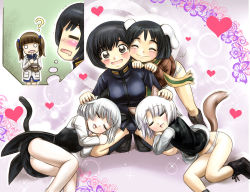 Rule 34 | 5girls, animal ears, ass, black hair, blush, brave witches, brown eyes, brown hair, cat ears, cat tail, closed eyes, closeed mouth, dog ears, dog tail, edytha rossmann, georgette lemare, heart, hosoinogarou, kanno naoe, lap pillow, multiple girls, open mouth, panties, sanya v. litvyak, shimohara sadako, short hair, smile, strike witches, tail, twintails, underwear, uniform, white panties, world witches series, yuri