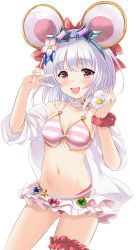 Rule 34 | 1girl, :d, animal ears, bikini, blouse, blush, breasts, bridal garter, brooch, cheese, contrapposto, cowboy shot, eyewear on head, flower, food, granblue fantasy, grey hair, groin, hair flower, hair ornament, hair ribbon, heart, heart brooch, highres, holding, jewelry, looking at viewer, miniskirt, mouse (animal), mouse ears, navel, off shoulder, official alternate costume, open clothes, open mouth, open shirt, pink flower, red eyes, red garter, red ribbon, red scrunchie, ribbon, scrunchie, see-through, shirt, short hair, short sleeves, simple background, skirt, small breasts, smile, solo, souryuu (double dragon), standing, star-shaped eyewear, star (symbol), striped bikini, striped clothes, sunglasses, sunglasses on head, swimsuit, v, vikala (blooming summer wallflower) (granblue fantasy), vikala (granblue fantasy), white background, white shirt, white skirt