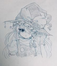 Rule 34 | 1girl, black vest, bow, braid, buttons, flower, gloves, hair bow, hair over one eye, hat, hat bow, highres, hisako (6anmbblfnjueeff), kirisame marisa, long hair, monochrome, one eye covered, photo (medium), puffy sleeves, rose, shirt, short sleeves, single braid, sleeve garter, solo, touhou, traditional media, v-shaped eyebrows, vest, white background, white bow, white shirt, witch hat
