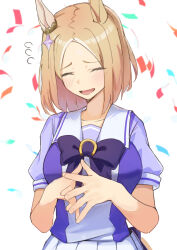 Rule 34 | 1girl, absurdres, amepa (ame pinecandy), animal ears, blonde hair, blush, bow, bowtie, breasts, closed eyes, confetti, flying sweatdrops, highres, horse ears, medium breasts, narita top road (umamusume), open mouth, own hands together, purple shirt, sailor collar, shirt, short hair, short sleeves, simple background, skirt, smile, solo, steepled fingers, umamusume, upper body, white background, white skirt