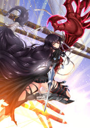 Rule 34 | 1girl, adsouto, arm guards, armor, armored boots, artist name, ass, black hair, black shorts, black thighhighs, boots, braid, breasts, claws, day, highres, long hair, looking at viewer, medium breasts, shorts, solo, tales of (series), tales of berseria, thigh strap, thighhighs, torn clothes, torn thighhighs, underboob, velvet crowe, very long hair, weapon, yellow eyes