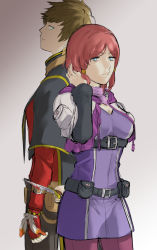 Rule 34 | 10s, 1boy, 1girl, aqua eyes, belt, blood, blue eyes, breasts, brown hair, capelet, cleavage, earrings, feathers, fingerless gloves, frills, gloves, gradient background, grey background, hair ornament, highres, jacket, jewelry, pants, red hair, rose (tales), scarf, short hair, sorey (tales), tales of (series), tales of zestiria, weapon