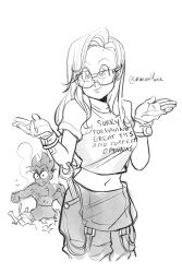 Rule 34 | 1boy, 1girl, amartbee, bespectacled, breasts, bulma, commentary, crop top, dragon ball, dragonball z, english commentary, english text, glasses, gloves, greyscale, highres, medium breasts, midriff, monochrome, muscular, muscular male, navel, overalls, sketch, smile, smoke, topless male, twitter username, vegeta, wrench