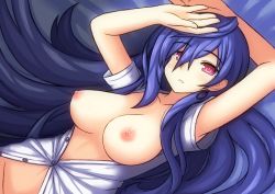 Rule 34 | 1girl, bare shoulders, blouse, blue hair, blush, breasts, breasts out, commission, earrings, from above, hair between eyes, highres, iris heart, jewelry, kami jigen game neptune v, large breasts, long hair, lying, neptune (series), nipples, novus rue, on back, pink eyes, power symbol, power symbol-shaped pupils, shirt, solo, symbol-shaped pupils, white shirt