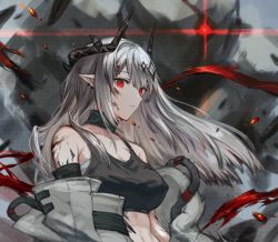 Rule 34 | 1girl, arknights, bare shoulders, black choker, breasts, choker, commentary, crop top, highres, horns, infection monitor (arknights), large breasts, long hair, looking at viewer, material growth, midriff, mudrock (arknights), mudrock (elite ii) (arknights), oripathy lesion (arknights), parted lips, pointy ears, red eyes, sarashi, silver hair, solo, spacelongcat, sports bra, upper body