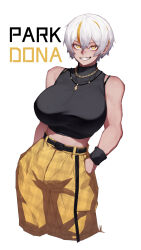 Rule 34 | 1girl, abs, bare shoulders, belt, black shirt, black wristband, blonde hair, bluecup, breasts, chain, character name, contrapposto, covered collarbone, cowboy shot, crop top, cropped legs, dark-skinned female, dark skin, grey hair, grin, hair between eyes, hands in pockets, highres, huge breasts, jewelry, linea alba, looking at viewer, luvdia, midriff, multicolored hair, muscular, muscular female, necklace, pants, park dona, sanpaku, shirt, short hair, simple background, sleeveless, sleeveless turtleneck, smile, streaked hair, taut clothes, taut shirt, tomboy, tsurime, turtleneck, virtual youtuber, white background, yellow eyes, yellow pants