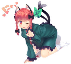 Rule 34 | 1girl, all fours, animal ears, bow, braid, cat ears, cat tail, dress, green dress, hair bow, highres, juliet sleeves, kaenbyou rin, long sleeves, multiple tails, nekomata, niwashi (yuyu), one eye closed, open mouth, paw pose, puffy sleeves, red eyes, red hair, smile, solo, tail, touhou, twin braids