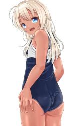 Rule 34 | 1girl, absurdres, black one-piece swimsuit, black sailor collar, blonde hair, blue eyes, cowboy shot, crop top, flat chest, flower, from behind, hair flower, hair ornament, highres, kantai collection, long hair, looking at viewer, looking back, mukaino kei, one-piece swimsuit, one-piece tan, ro-500 (kancolle), sailor collar, school swimsuit, simple background, solo, swimsuit, swimsuit under clothes, tan, tanline, white background