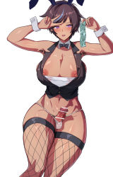 Rule 34 | 1girl, :d, armpit hair, armpits, bar censor, blue hair, blush, borrowed character, bow, bowtie, breasts, brown hair, censored, cleavage, condom, condom packet strip, condom wrapper, covered testicles, dark-skinned female, dark skin, detached collar, erection, fishnet thighhighs, fishnets, futanari, highres, large breasts, leotard, navel, nipples, open mouth, original, panties, penis, playboy bunny, purple eyes, seito edaha, short hair, small penis, smile, solo, testicles, thighhighs, underwear, v, white panties, wrist cuffs