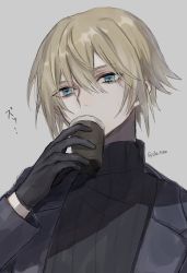 Rule 34 | 1boy, black gloves, black jacket, black sweater, blonde hair, blue eyes, coffee cup, commentary, cup, dainsleif (genshin impact), disposable cup, drinking, eruto, genshin impact, gloves, grey background, highres, jacket, male focus, simple background, solo, sweater, symbol-shaped pupils, turtleneck, turtleneck sweater, twitter username, upper body