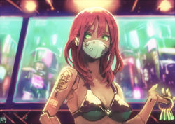 Rule 34 | 1girl, absurdres, android, bikini, black bikini, blurry, blurry background, breasts, city, cyberpunk, green eyes, highres, key, long hair, looking at viewer, mask, medium breasts, mouth mask, okuto, original, red hair, scenery, swimsuit, tattoo, upper body
