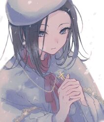 Rule 34 | 1girl, bad id, bad twitter id, bang dream!, beret, black hair, blue eyes, cross, cross necklace, hands up, hat, holding, holding cross, interlocked fingers, jewelry, long hair, long sleeves, looking at viewer, neck ribbon, necklace, own hands together, parted lips, red ribbon, ribbon, shiontaso, simple background, snowing, solo, upper body, wakana rei, white background, white hat