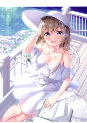 Rule 34 | 1girl, absurdres, bare shoulders, blue eyes, blush, book, braid, breasts, brown hair, chair, cleavage, collarbone, crossed bangs, day, dress, glass table, green eyes, hair ribbon, halterneck, hand on own head, hand up, hat, highres, large breasts, long hair, looking at viewer, masuishi kinoto, medium breasts, medium hair, multicolored eyes, open mouth, original, outdoors, ribbon, scan, side braid, sitting, sleeveless, smile, solo, sun hat, table, white dress