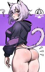 Rule 34 | 1girl, ?, animal ears, ass, ass focus, blush, cat ears, cat girl, cat tail, dizzle, highres, hololive, hood, hoodie, looking at viewer, looking back, nekomata okayu, nekomata okayu (1st costume), purple eyes, purple hair, purple hoodie, short hair, simple background, solo, tail, thick thighs, thighs, virtual youtuber