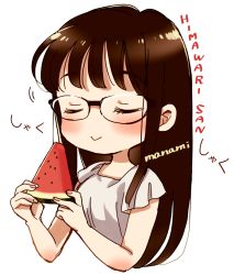 Rule 34 | 1girl, black-framed eyewear, black hair, blush, casual, character name, closed eyes, closed mouth, commentary request, copyright name, cropped torso, food, fruit, glasses, himawari-san, himawari-san (character), holding, holding food, holding fruit, long hair, shirt, signature, simple background, sketch, smile, solo, sugano manami, watermelon, white background, white shirt