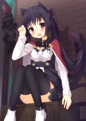 Rule 34 | 1girl, :d, animal ears, bad id, bad pixiv id, barrel, black hair, black skirt, black thighhighs, blush, brick wall, cat ears, cat tail, chain, cloak, commentary request, convenient leg, crate, detached collar, frilled skirt, frills, hair ribbon, long hair, long sleeves, looking at viewer, open mouth, original, paw pose, red cloak, red eyes, red ribbon, ribbon, shirt, shoes, sitting, skirt, smile, smoke, solo, sword, tail, tareme, thighhighs, underbust, usagino suzu, very long hair, weapon, white footwear, white shirt