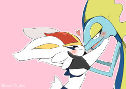Rule 34 | 1boy, 1girl, animal ears, animal hands, arms up, artist name, blush, chin katsu, cinderace, closed eyes, closed mouth, creatures (company), flat chest, from side, game freak, gen 8 pokemon, hands on another&#039;s face, hands up, happy, heart, height difference, hetero, inteleon, interspecies, nintendo, noses touching, open mouth, outline, pink background, pokemon, pokemon (creature), pokephilia, profile, rabbit ears, rabbit tail, red hair, short hair, simple background, smile, standing, tail, twitter username, upper body, watermark, white outline