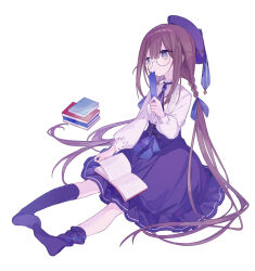 Rule 34 | 1girl, book, bookmark, bow, brown hair, character request, closed mouth, dress, glasses, hair between eyes, hair bow, hat, highres, holding, holding bookmark, long hair, long sleeves, low twintails, mizumizu (phoenix), open book, original, purple dress, purple eyes, purple hat, purple socks, simple background, sitting, socks, solo, twintails, very long hair, virtual youtuber, white background