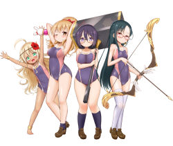 Rule 34 | 4girls, barefoot, black hair, blonde hair, blush, bow (weapon), breasts, brown eyes, competition swimsuit, flower, glasses, green eyes, hair flower, hair ornament, hammer, highres, large breasts, looking at viewer, medium breasts, multiple girls, muu rian, one-piece swimsuit, one eye closed, original, purple eyes, purple hair, red eyes, short hair, small breasts, standing, swimsuit, tan, weapon