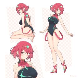 Rule 34 | 1girl, bare arms, bare legs, barefoot, black one-piece swimsuit, blush, breasts, chest jewel, collarbone, competition swimsuit, earrings, from behind, full body, gem, highres, jewelry, large breasts, long legs, looking at viewer, looking back, mochimochi (xseynao), multiple views, nintendo, one-piece swimsuit, pyra (pro swimmer) (xenoblade), pyra (xenoblade), red eyes, red hair, short hair, smile, swept bangs, swimsuit, tiara, white background, xenoblade chronicles (series), xenoblade chronicles 2