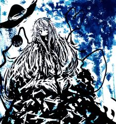 Rule 34 | 1girl, abstract, bad id, bad pixiv id, bags under eyes, blue background, dress, hat, highres, komeiji koishi, long hair, long sleeves, monochrome, no nose, open mouth, reverinth, skirt, smile, solo, third eye, touhou, very long hair