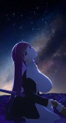 Rule 34 | 1girl, absurdres, blunt bangs, breasts, commentary, covered erect nipples, dress, fern (sousou no frieren), from side, highres, huge breasts, long sleeves, looking at viewer, looking to the side, night, night sky, outdoors, purple eyes, purple hair, serelith, sitting, sky, solo, sousou no frieren, star (sky), starry sky, white dress