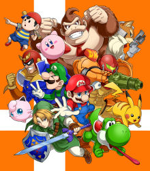 Rule 34 | &gt; &lt;, 1girl, 6+boys, :d, armor, baseball bat, baseball cap, black eyes, blonde hair, blue eyes, blue overalls, blue shorts, blush, brown hair, captain falcon, clenched hand, commentary request, creature, creatures (company), donkey kong, donkey kong (series), donkey kong country, f-zero, facial hair, fox mccloud, furry, furry male, game freak, gen 1 pokemon, gloves, green hat, gun, hat, helmet, highres, holding, holding baseball bat, holding gun, holding sword, holding weapon, hylian shield, jigglypuff, kamakiri, kirby, kirby (series), legs apart, link, long sleeves, looking at viewer, looking away, luigi, male focus, mario, mario (series), metroid, mother (game), mother 2, multiple boys, muscular, mustache, necktie, ness (mother 2), nintendo, open mouth, orange background, overalls, pants, pikachu, pointing, pokemon, pokemon (creature), power armor, red footwear, red hat, red neckwear, samus aran, shield, shirt, shoelaces, shoes, short sleeves, shorts, sideways hat, smile, sneakers, star fox, striped clothes, striped shirt, super smash bros., sword, the legend of zelda, the legend of zelda: ocarina of time, tongue, tongue out, v, weapon, white gloves, white pants, yoshi