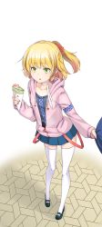 Rule 34 | 1girl, absurdres, alternate costume, black footwear, black shirt, blonde hair, blue skirt, blush, casual, clothes grab, commentary request, contemporary, crepe, food, full body, green eyes, half updo, highres, holding, holding food, hood, hoodie, iwatobi hiro, looking at viewer, mary janes, miniskirt, mizuhashi parsee, open mouth, pink hoodie, pointy ears, pov dating, shirt, shoes, short hair, short ponytail, skirt, sleeve grab, sleeve pull, thighhighs, touhou, white thighhighs