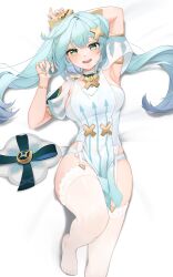 Rule 34 | 1girl, :d, absurdres, aqua hair, arm up, armpits, ass, bed sheet, commentary, detached sleeves, english commentary, faruzan (genshin impact), garter straps, genshin impact, green eyes, hair between eyes, hair ornament, highres, himari (himari ttc), jewelry, knee up, long hair, long sleeves, looking at viewer, lying, neck ring, no pants, on back, open mouth, panties, sidelocks, simple background, smile, solo, symbol-shaped pupils, thighhighs, two side up, underwear, white panties, white thighhighs, x hair ornament