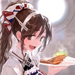 Rule 34 | 10s, 1girl, alternate costume, alternate hairstyle, ashigara (kancolle), bad id, bad twitter id, bob (biyonbiyon), brown eyes, brown hair, close-up, curry, curry rice, fang, food, gradient background, headband, kantai collection, katsudon (food), long hair, lowres, official art, ponytail, porthole, rice, sidelocks, solo, solo focus, upper body