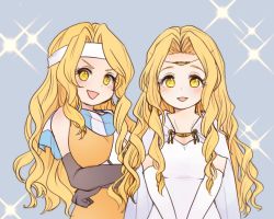 Rule 34 | 2girls, blonde hair, brigid (fire emblem), circlet, dress, edain (fire emblem), fire emblem, fire emblem: genealogy of the holy war, gloves, headband, looking at viewer, multiple girls, nintendo, open mouth, scarf, siblings, simple background, sisters, smile, twins, white dress