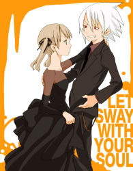 Rule 34 | 00s, 1boy, 1girl, black dress, black suit, blonde hair, cowboy shot, dress, english text, formal, from side, long sleeves, maka albarn, pants, profile, red shirt, shirt, short hair, silver hair, simple background, soul eater, soul evans, suit, text focus, white background