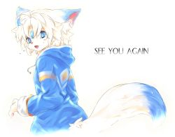Rule 34 | 1girl, animal ears, blue eyes, furry, furry female, kino ayuri, looking at viewer, looking back, open mouth, original, rule koforia, short hair, simple background, solo, tail, tears, white background